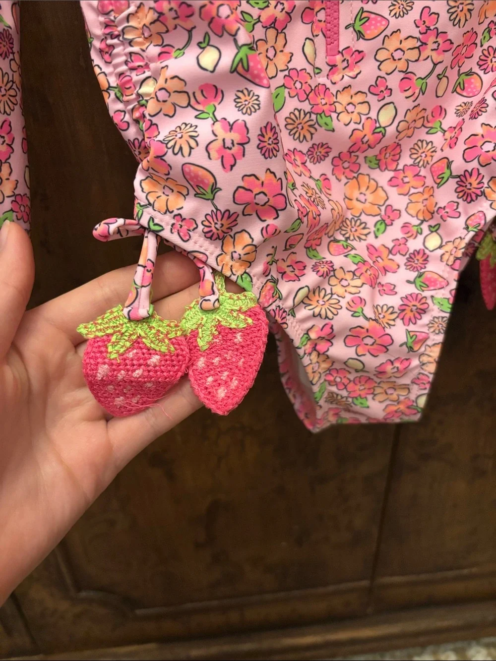 Pink Floral Long-Sleeve Girls Swim Suit with Strawberry Tassels